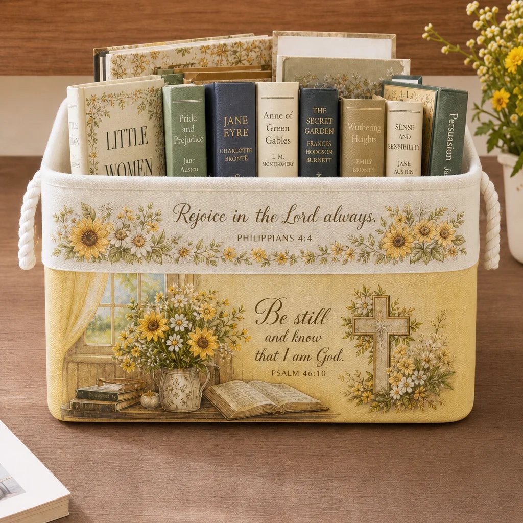 🔥 LAST DAY 49% OFF – ✝️ Christian Faith Inspirational Storage Basket | Spacious Foldable Fabric Organizer with Rope Handles & 3 Scripture Designs 🌿✨