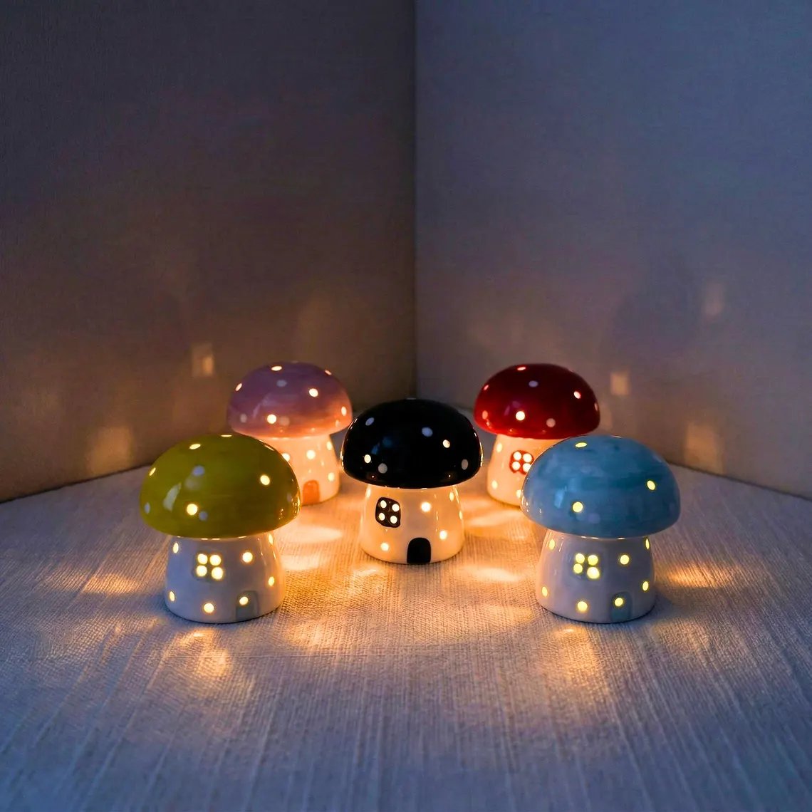Mushroom Ceramic Night Light, Handmade Glowing Mushroom House Lamp