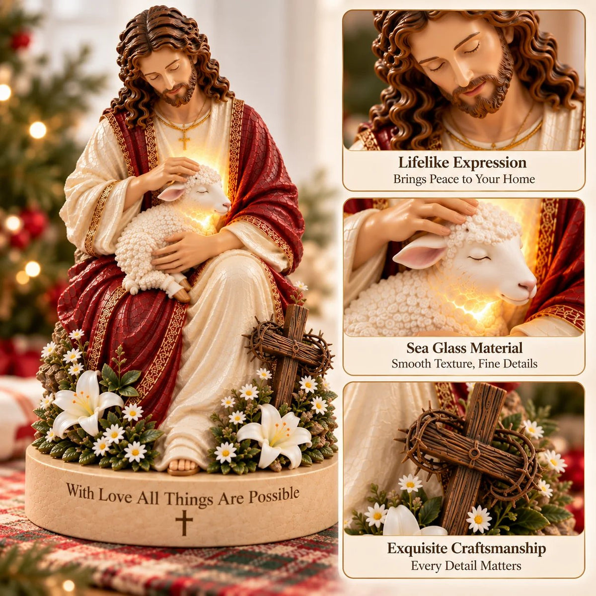 ✝️🔥 50K+ Sold! 👼 Jesus & Lamb Lighted Sea Glass Statue — A Beautiful Symbol of Faith