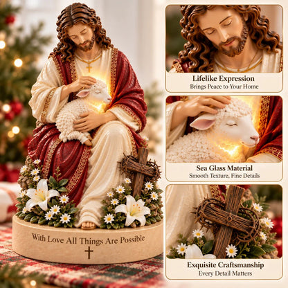 ✝️🔥 50K+ Sold! 👼 Jesus & Lamb Lighted Sea Glass Statue — A Beautiful Symbol of Faith