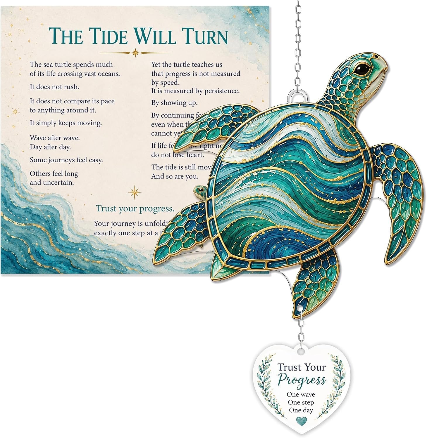 Inspirerende raamhanger met verhaalkaartje – Zeeschildpad, vlinder en libelle.