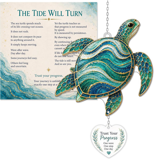 Inspirerende raamhanger met verhaalkaartje – Zeeschildpad, vlinder en libelle.