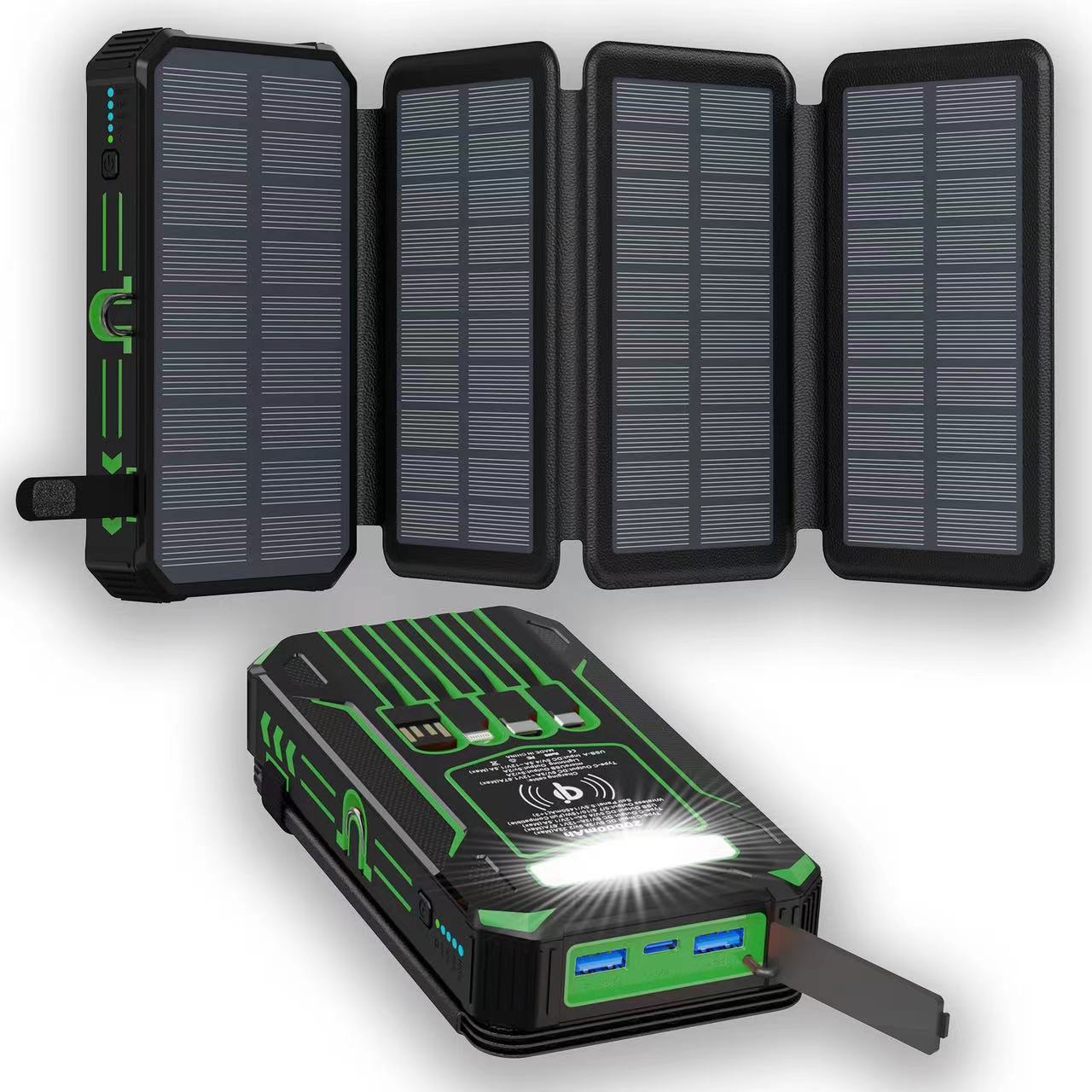 🎄20000mAh Solar Power Bank with Foldable Panels, Wireless Charging & LED Flashlight