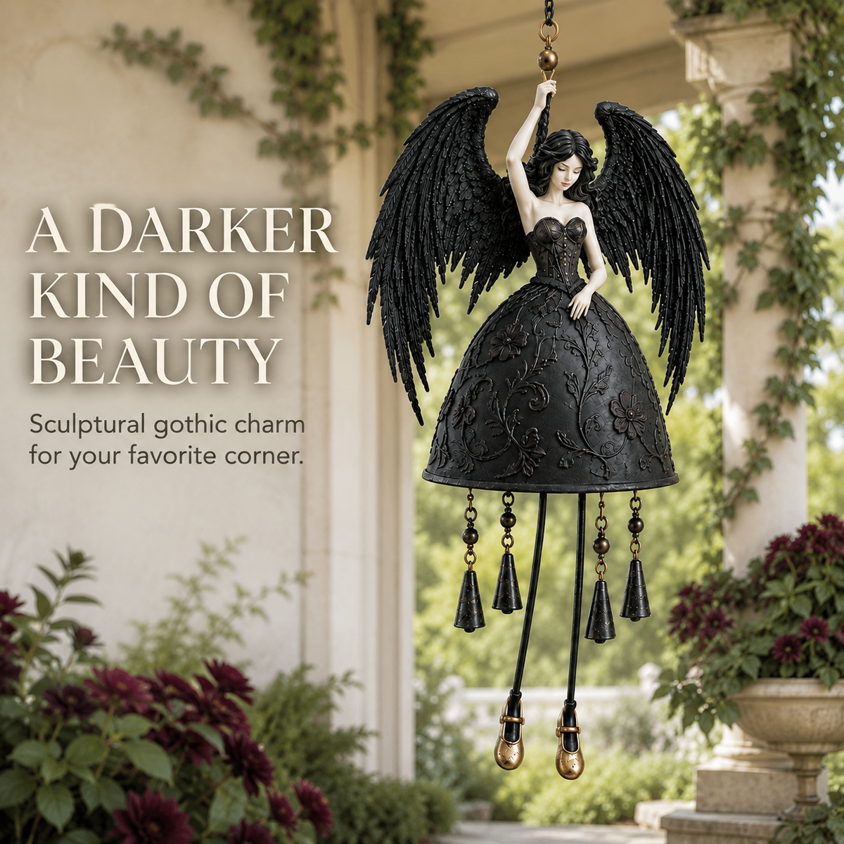 🖤 Dark Angel Gothic Wind Chime – Enchanting Outdoor Garden Hanging Decor