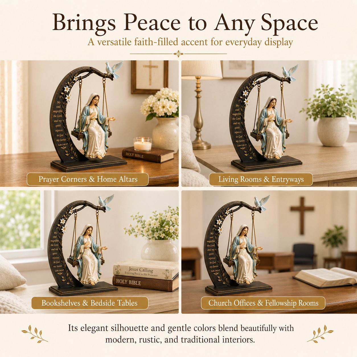 🙏Blessed Mary Cradle Swing Sculpture – Luke 1:46 Faith Table Decor | Holy Virgin Prayer Rocking Decor with Dove & Crescent Arch🕊️
