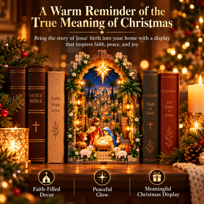 🔥Last Day 50% OFF-✨ Lighted Bethlehem Nativity Book Nook – Christmas Building Block Display of Faith