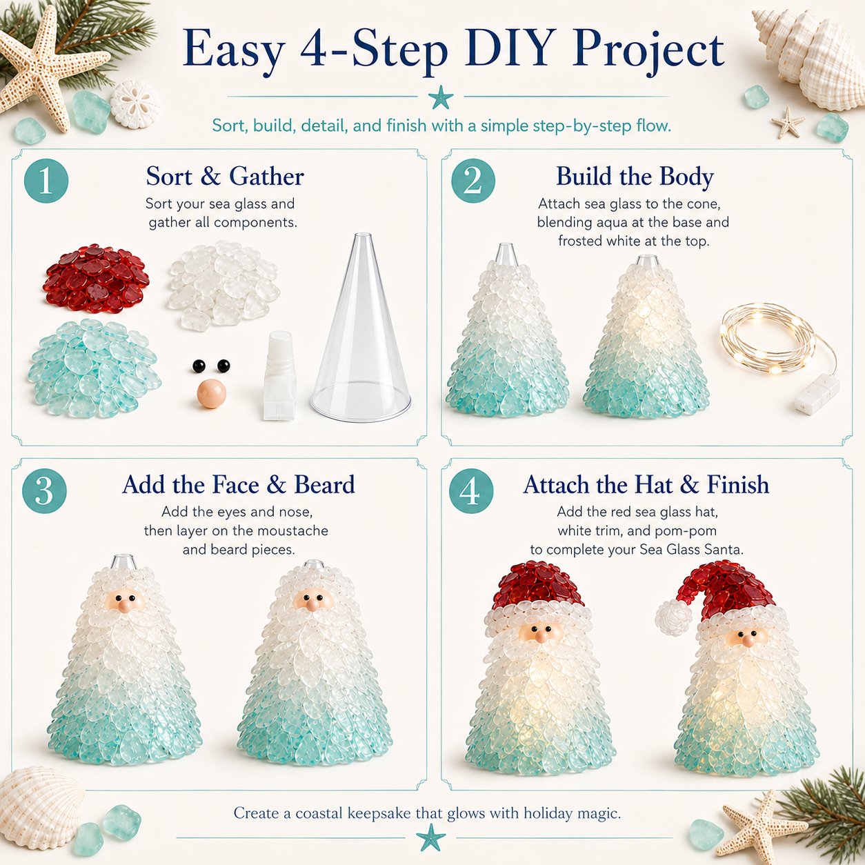 ⏳ Last Day 49% OFF – 🎅 Beginner-Friendly DIY Lighted Sea Glass Santa Christmas Decor Kit | Complete Kit with Sea Glass Pieces, Warm Fairy Lights & Step-by-Step Guide Included 💕