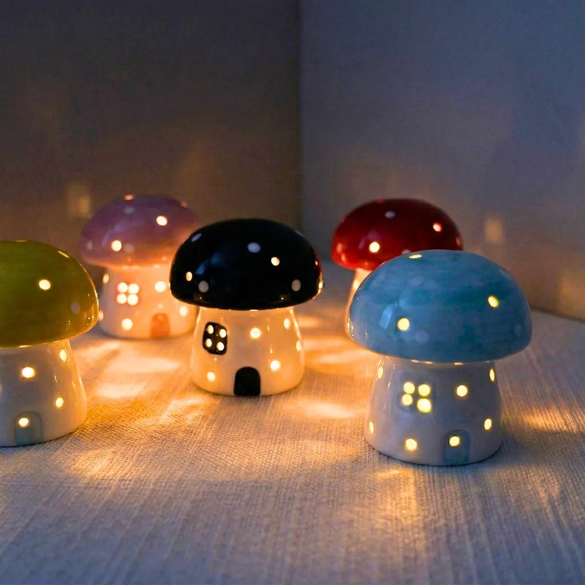 Mushroom Ceramic Night Light, Handmade Glowing Mushroom House Lamp