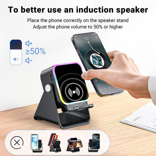 🎶📱  5-in-1 Wireless Induction Bluetooth Speaker with Adjustable Phone Stand