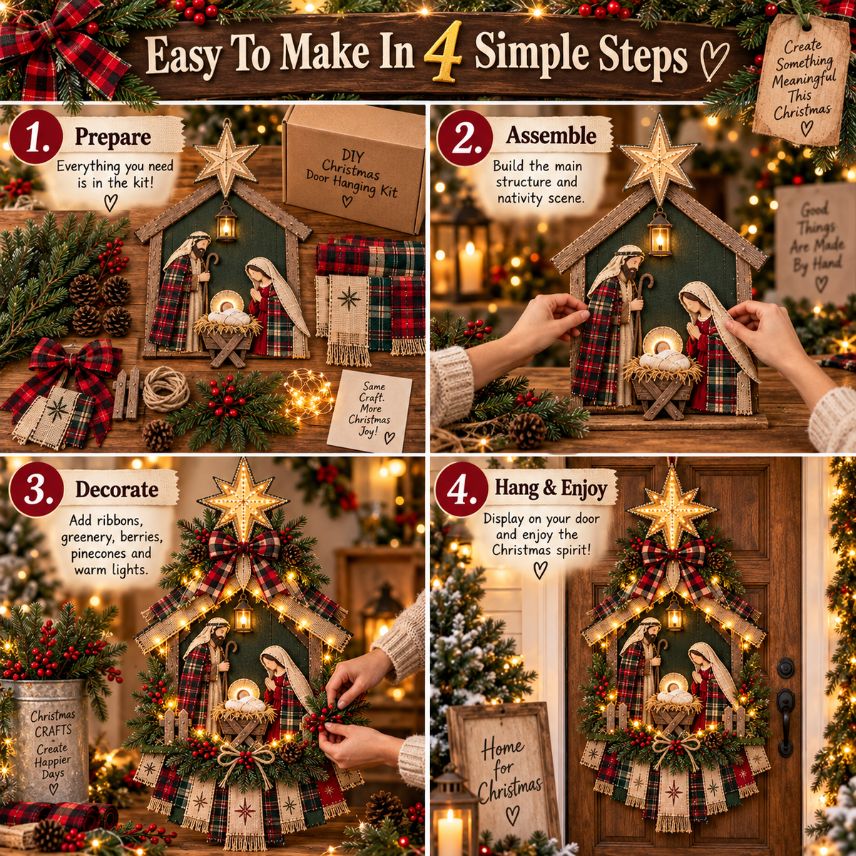 Four step DIY Christmas Nativity door hanging assembly guide
