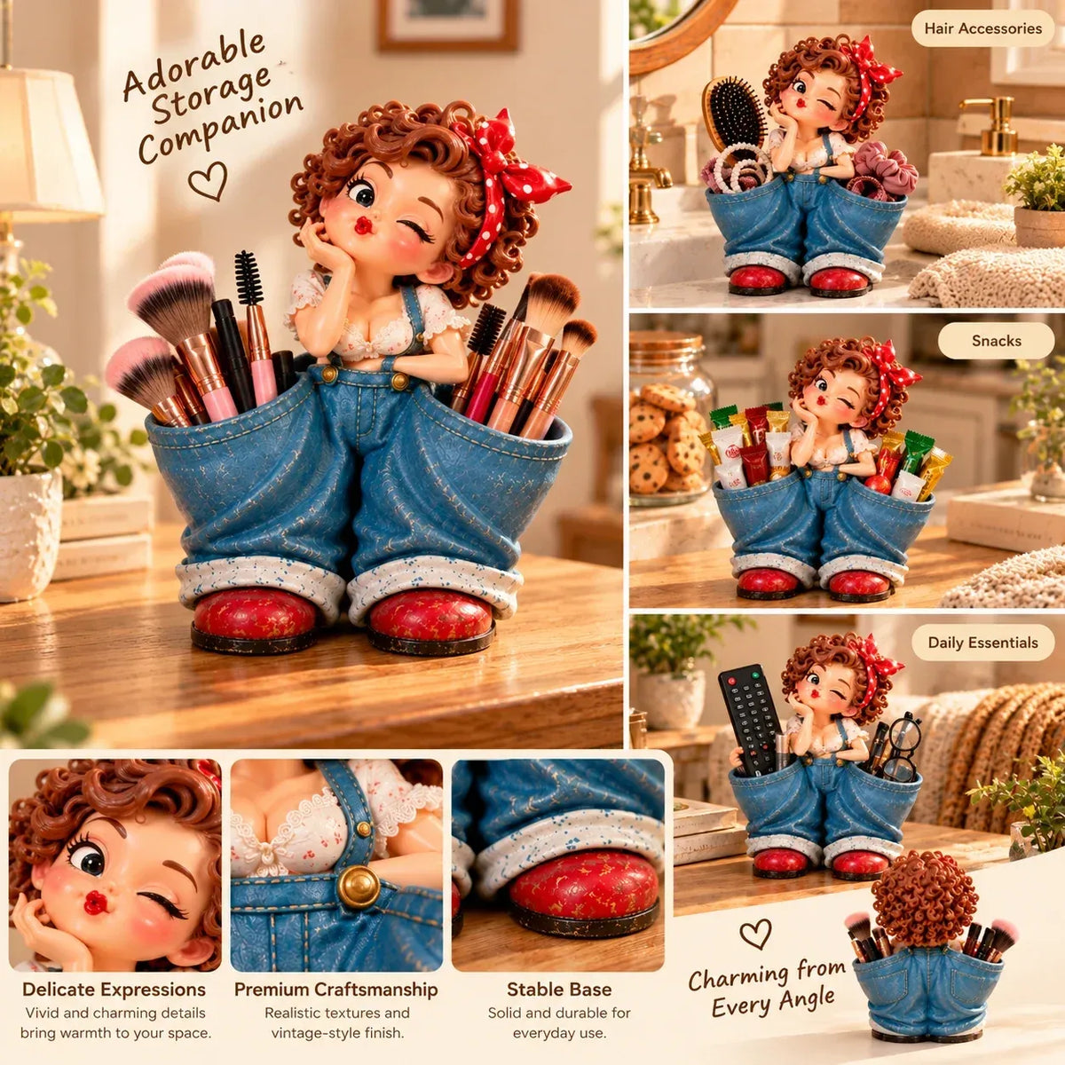 Little Miss Pockets™ – Cute Vintage Girl Organizer with Denim Storage Pockets