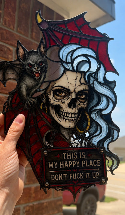 🦇💀Gothic Skull & Bat “My Happy Place” Hanging Art✨