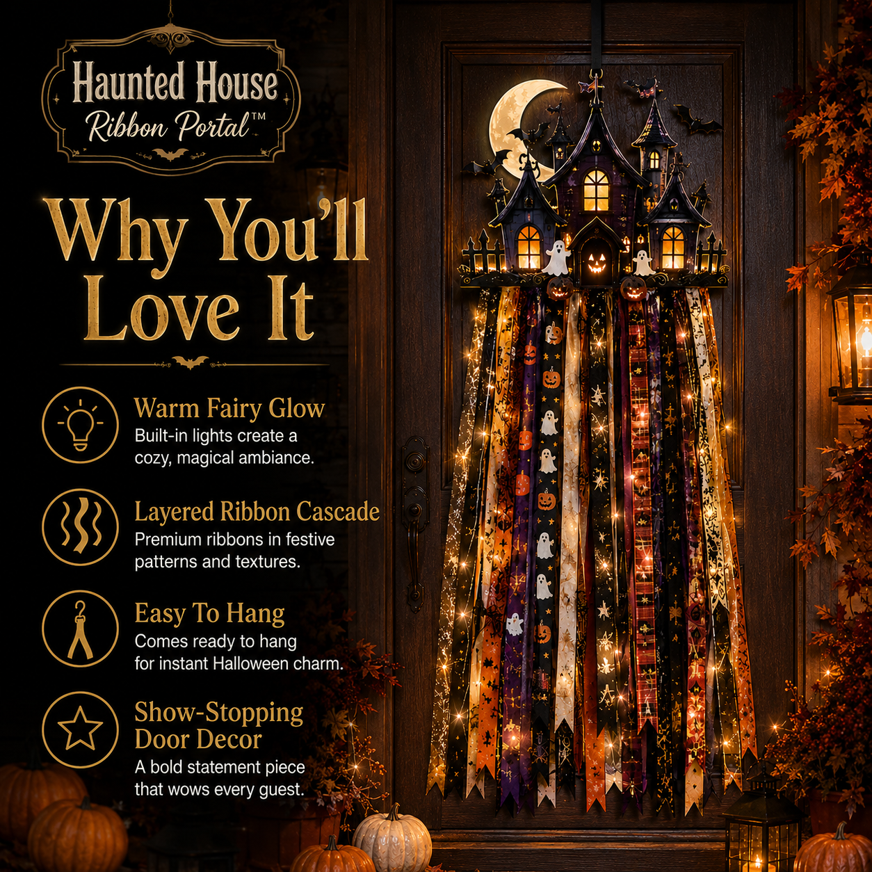 🎃 Lighted Halloween Ribbon Cascade™ – Handmade Door & Porch Decor