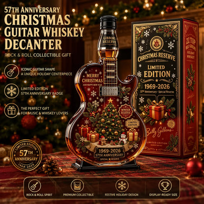 ⏳ Last Day 49% OFF – 🎸57th Anniversary Christmas Guitar Whiskey Decanter | Limited Edition 1969–2026 Winter Reserve Design With 3D Guitar Shape, Amber Glow Finish & Festive Holiday Artwork 🥃✨