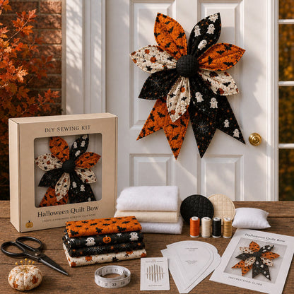 🎀 Oversized Quilted Bow Sewing Kit | Coordinated Printed Fabrics, Soft Batting, Pre-Designed Templates & Complete Supplies for a Full 23–25 in Statement Bow 🍁✨