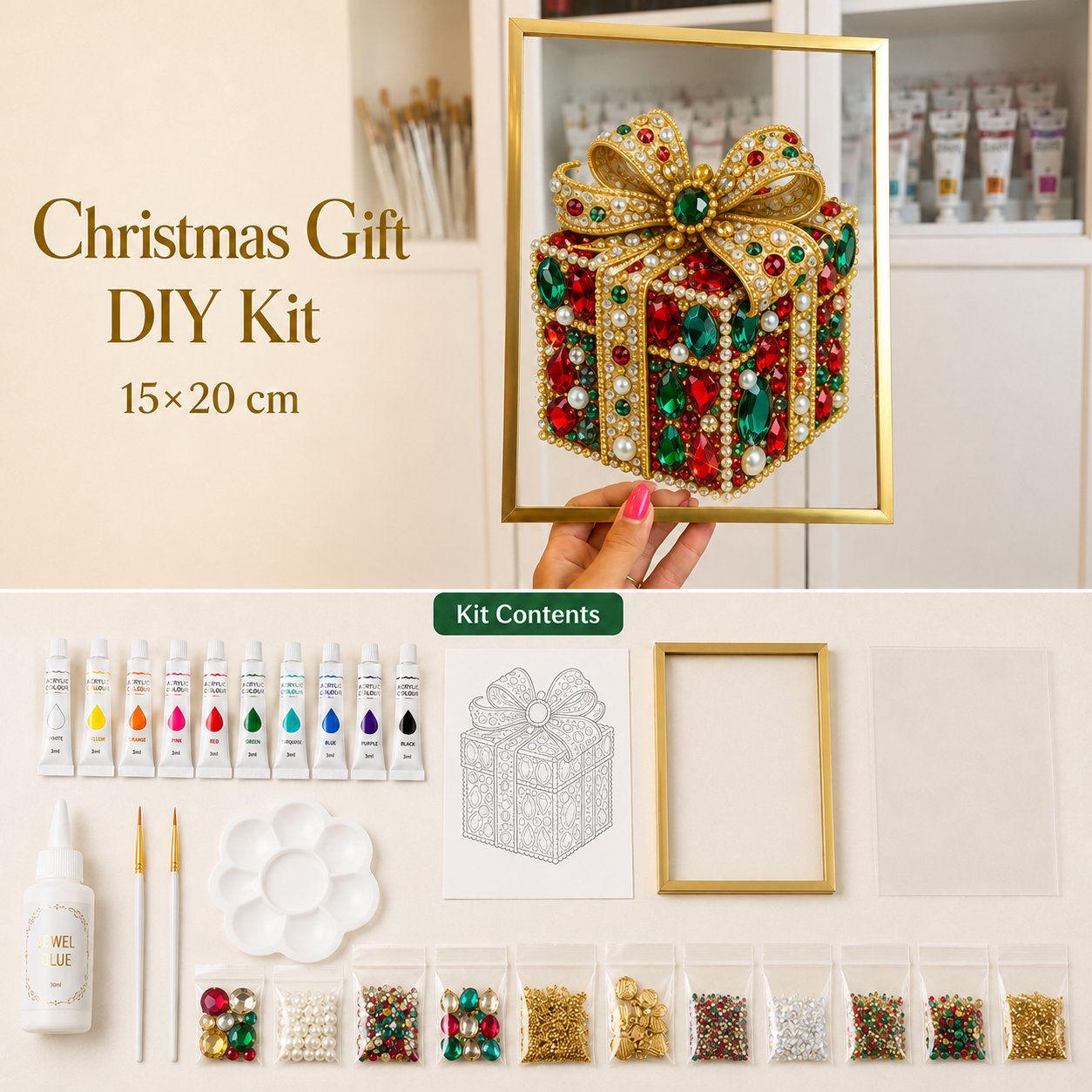 🔥 LAST DAY 49% OFF – 🎄 DIY Jeweled Christmas Tree Art Kit | Colorful Gems, Pearls, Paints & Gold-Tone Floating Display Frame 💎✨
