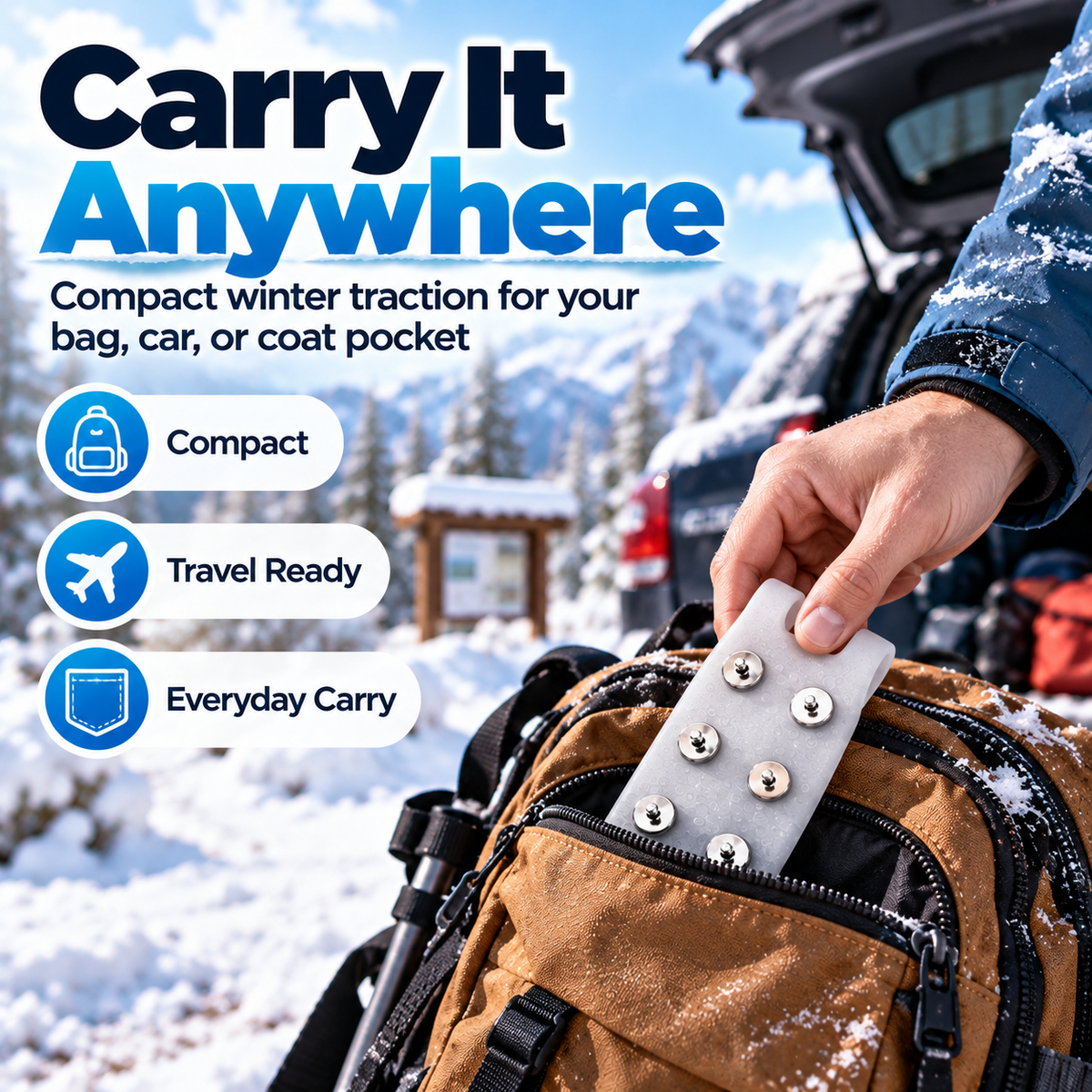 Compact ice grip shoe cover carried in a winter backpack