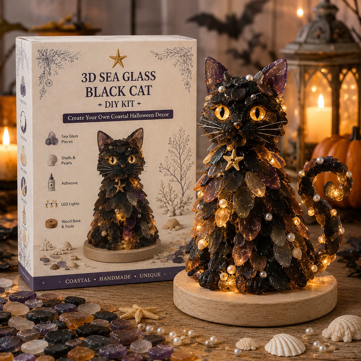 🔥😍 Last Day 49% OFF – 🎃 Beginner-Friendly DIY Lighted Sea Glass Halloween Character Kit Collection | Complete Kit with Sea Glass Pieces, LED Lights & Step-by-Step Guide Included 💕
