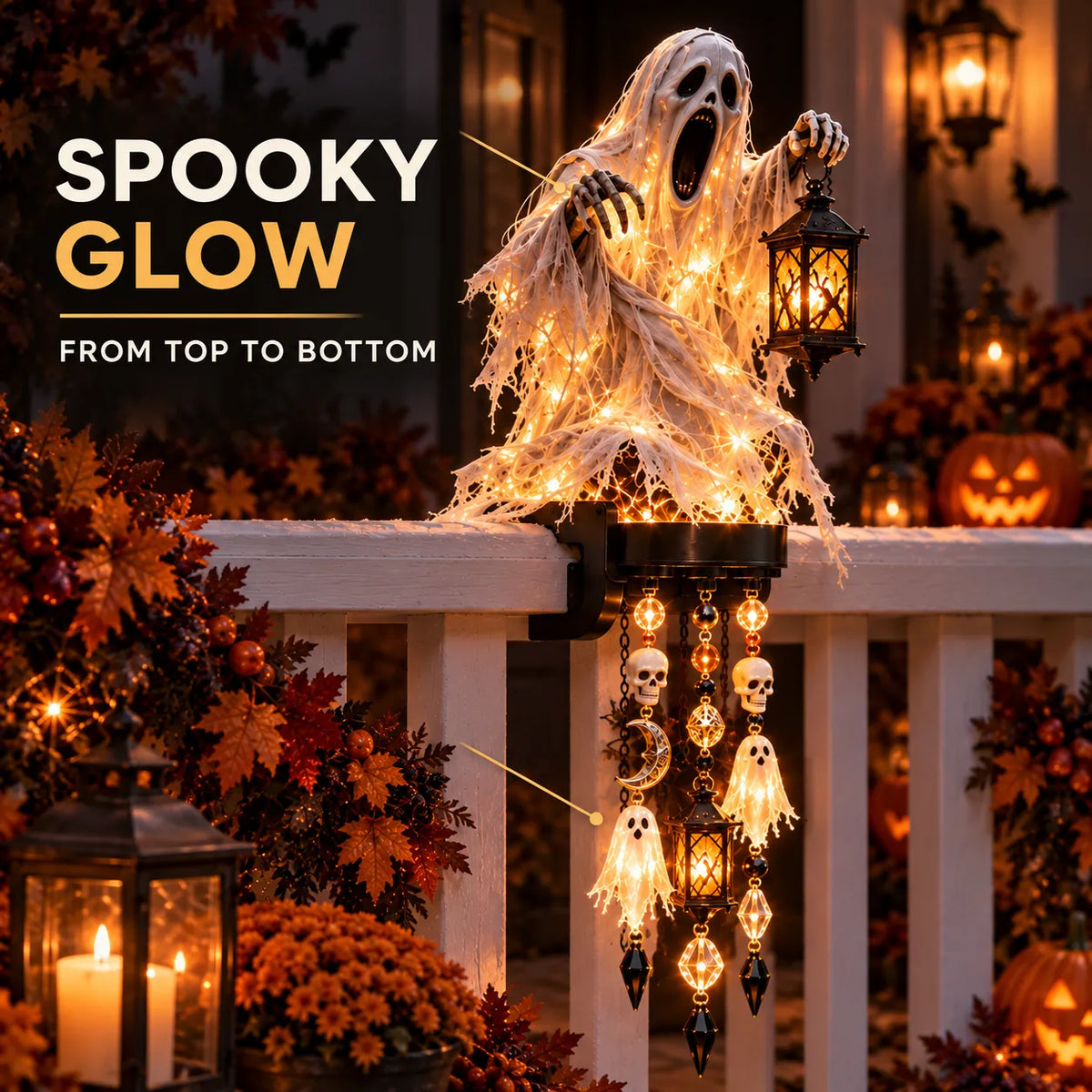 🎃 Halloween Character Glow Cascade Railing Lights – Pumpkin, Witch, Ghost & Black Cat