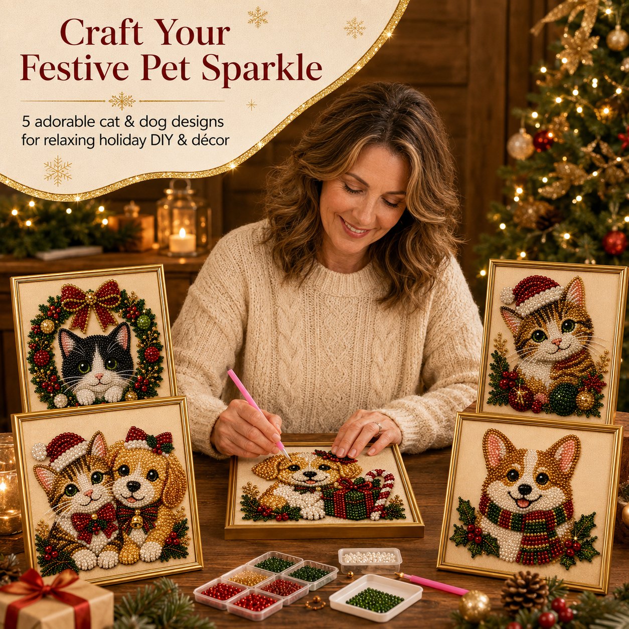 🎄LAST DAY 50% OFF – DIY Christmas Festive Pet Pearl Diamond Painting Art Kit With Frame
