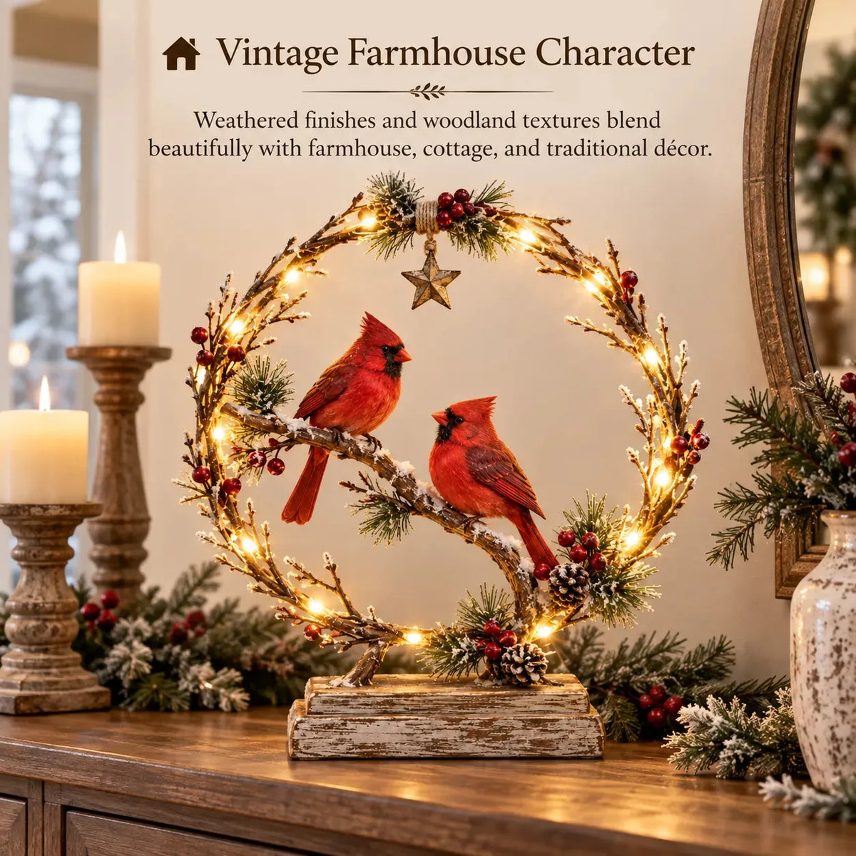 Lighted Cardinal Tabletop Decor, Rustic Red Cardinal Pair with Warm LED Lights