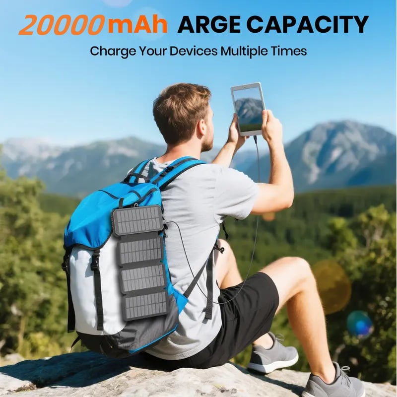 🎄20000mAh Solar Power Bank with Foldable Panels, Wireless Charging & LED Flashlight