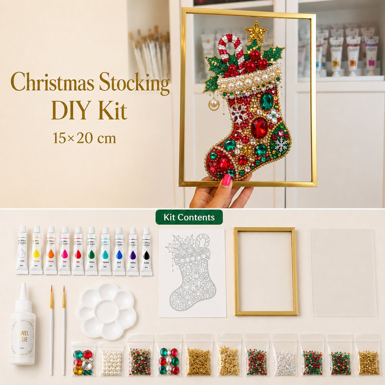 🔥 LAST DAY 49% OFF – 🎄 DIY Jeweled Christmas Tree Art Kit | Colorful Gems, Pearls, Paints & Gold-Tone Floating Display Frame 💎✨