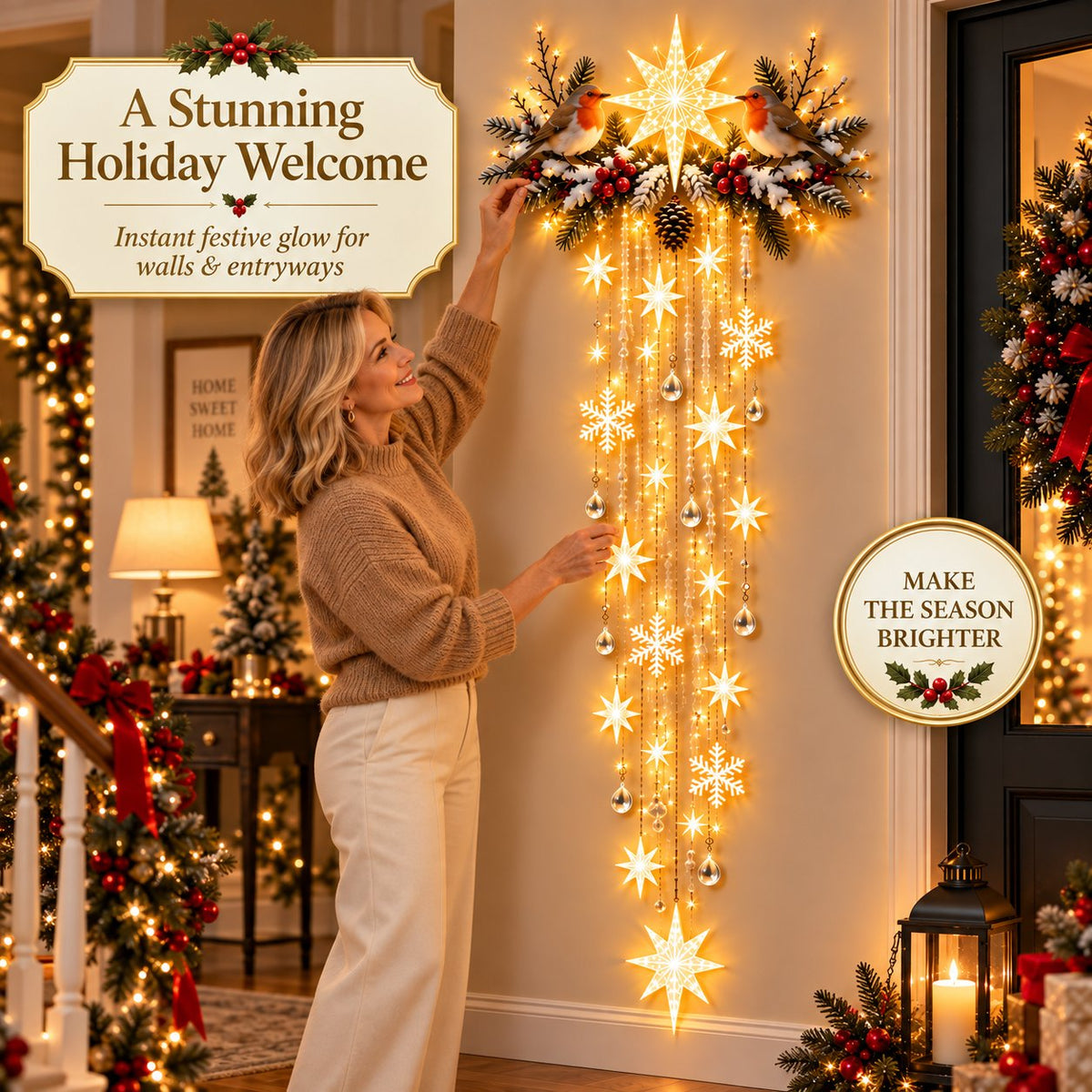 ✨ Christmas Robin Starfall Wall Light – Cozy Winter Holiday Decor 🎄