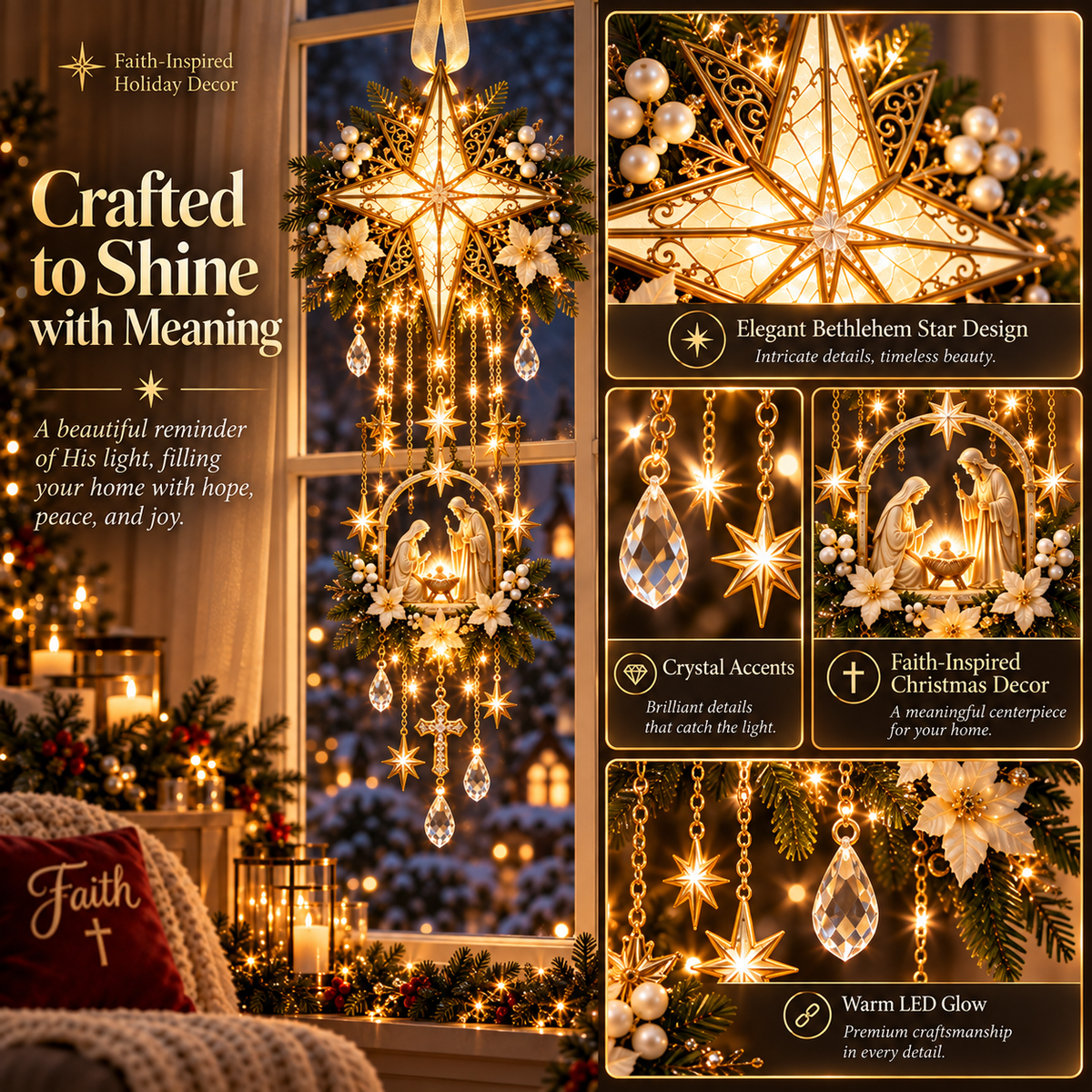 Bethlehem Star Window Light design details with Nativity crystal accents and warm LEDs