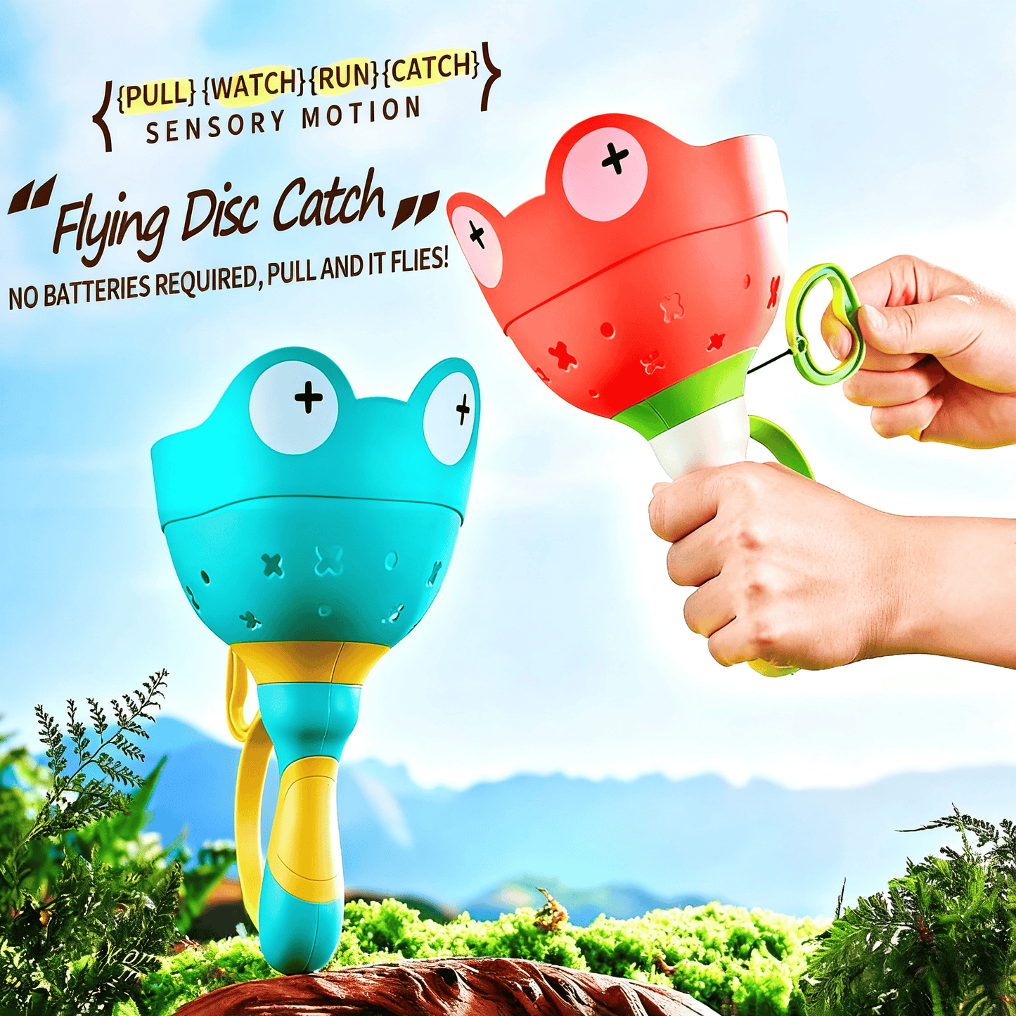 Flying Disc Launcher Toy (2 Packs), Manual Capture Catching Disk Game, Outdoor Toys for Kids Ages 4-8
