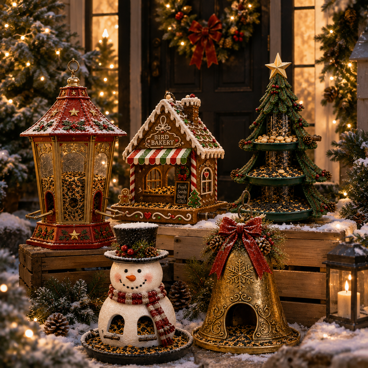 Five Christmas garden bird feeders