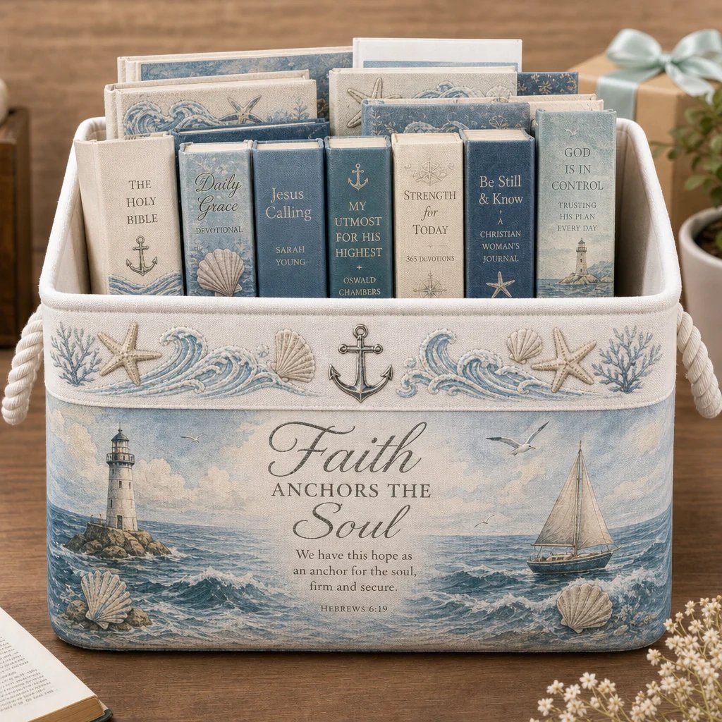 🔥 LAST DAY 49% OFF – ✝️ Christian Faith Inspirational Storage Basket | Spacious Foldable Fabric Organizer with Rope Handles & 3 Scripture Designs 🌿✨