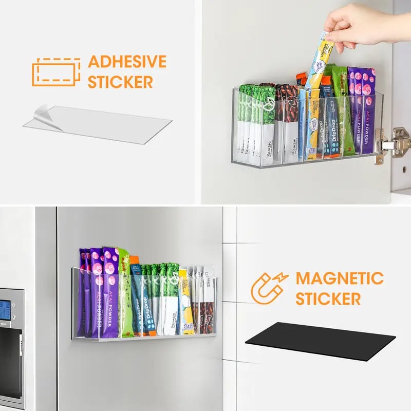 🥤 Drink Packet Organizer – Wall-Mount Kitchen Storage Holder with Adhesive & Magnetic Installation for Countertop, Fridge & Cabinet