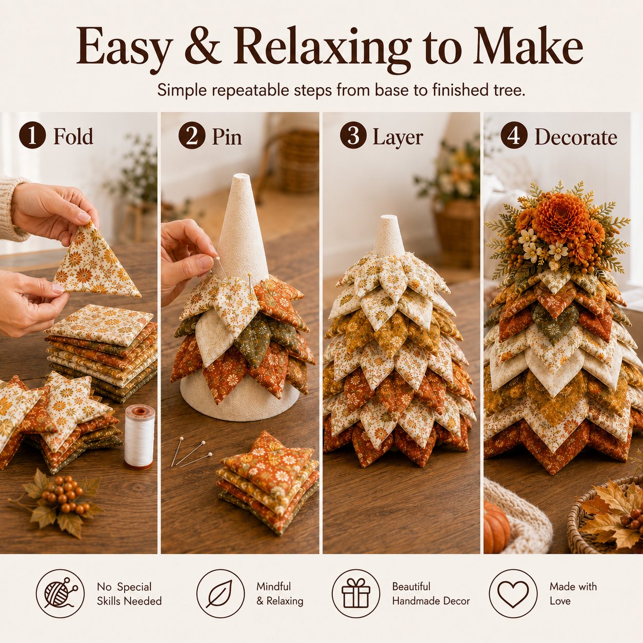 🍂 Beginner-Friendly DIY Fabric Patchwork Fall Tree Kit | Coordinated Autumn Fabrics, Cone Base, Securing Pins & Floral Topper Included 🌼✨