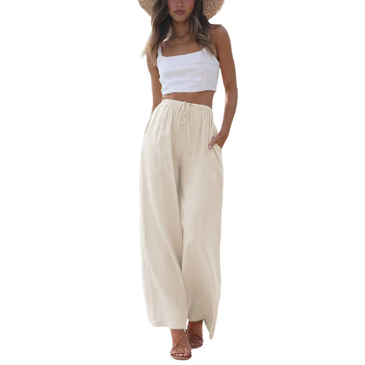 2026 SummerVibes-Women's Cotton Linen Summer Palazzo Pants Flowy Wide Leg Beach Trousers