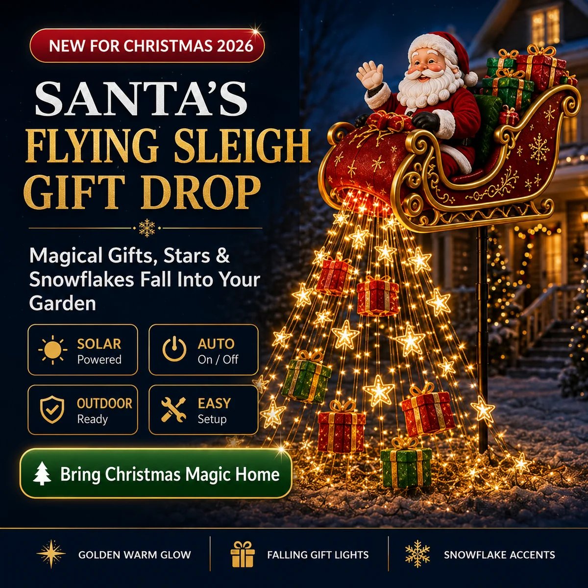 🎅✨ 2026 New Santa’s Flying Sleigh Gift Cascade – Solar Christmas Garden Light