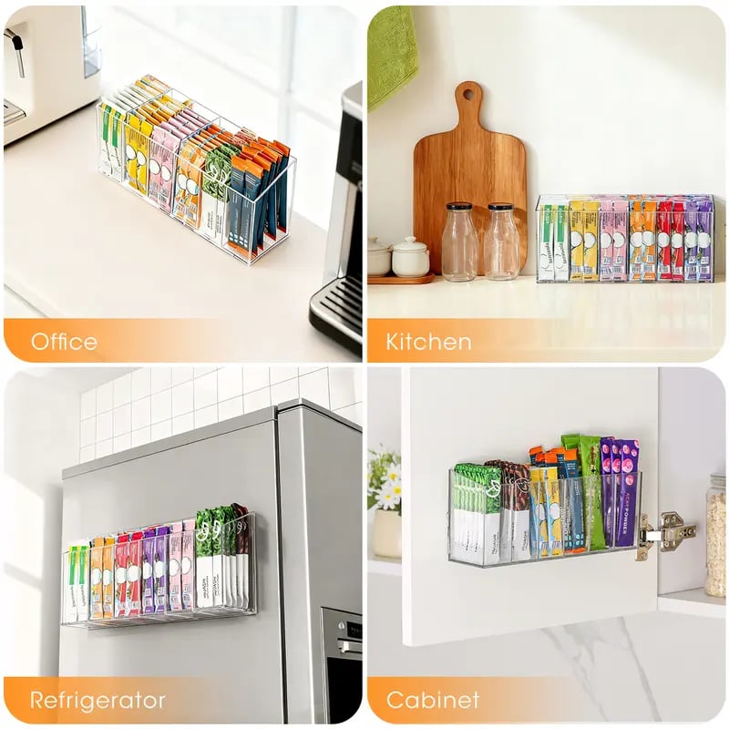 🥤 Drink Packet Organizer – Wall-Mount Kitchen Storage Holder with Adhesive & Magnetic Installation for Countertop, Fridge & Cabinet