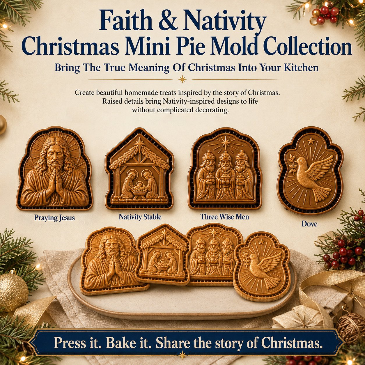 ✝️ Faith & Nativity Christmas Mini Pie Mold Collection | Reusable Embossed Molds for Shaping Detailed Praying Jesus, Nativity Stable and so on Pies🥧✨