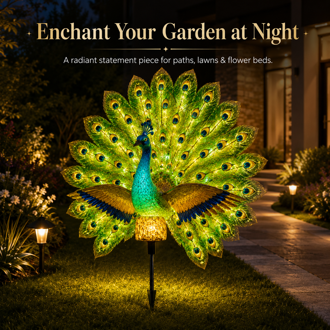 Solar Peacock Garden Sculpture – Lifelike Color Glowing Outdoor Yard Landscape Ornament