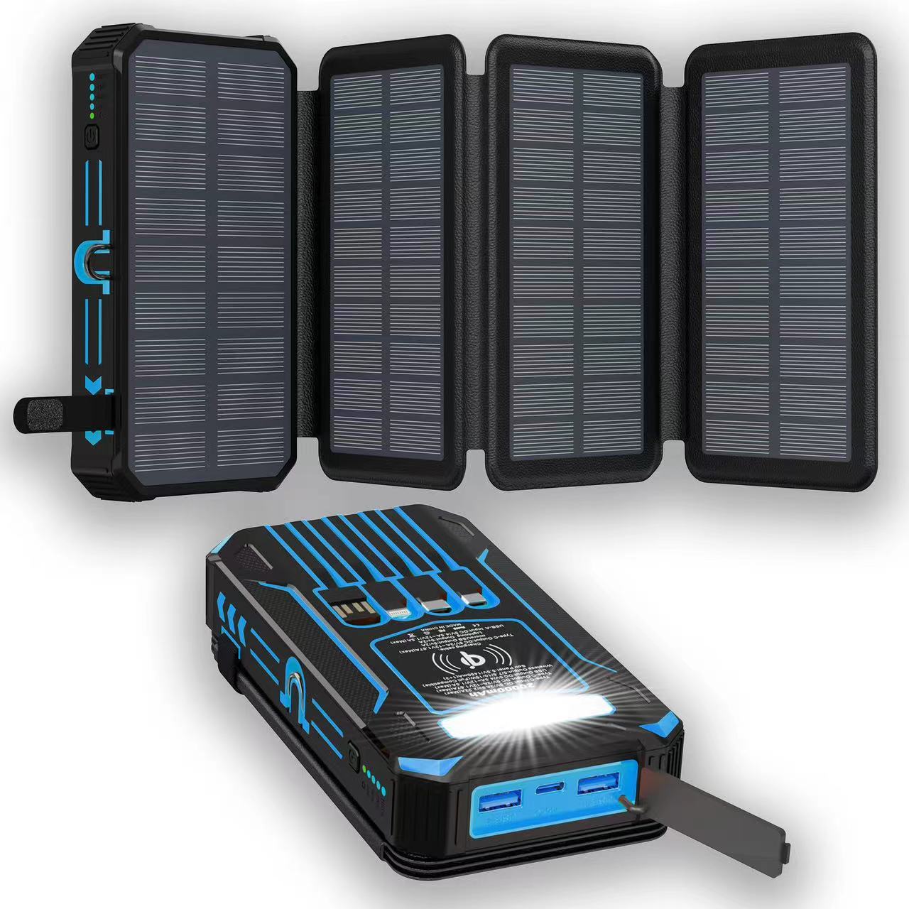 🎄20000mAh Solar Power Bank with Foldable Panels, Wireless Charging & LED Flashlight