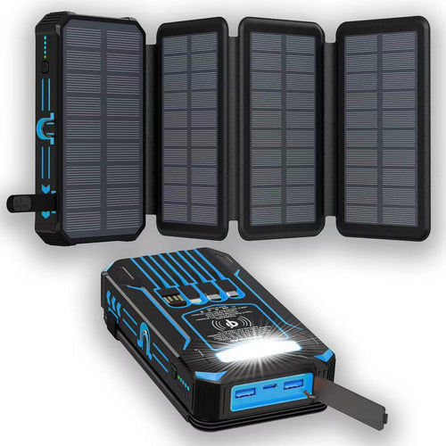 🎄20000mAh Solar Power Bank with Foldable Panels, Wireless Charging & LED Flashlight