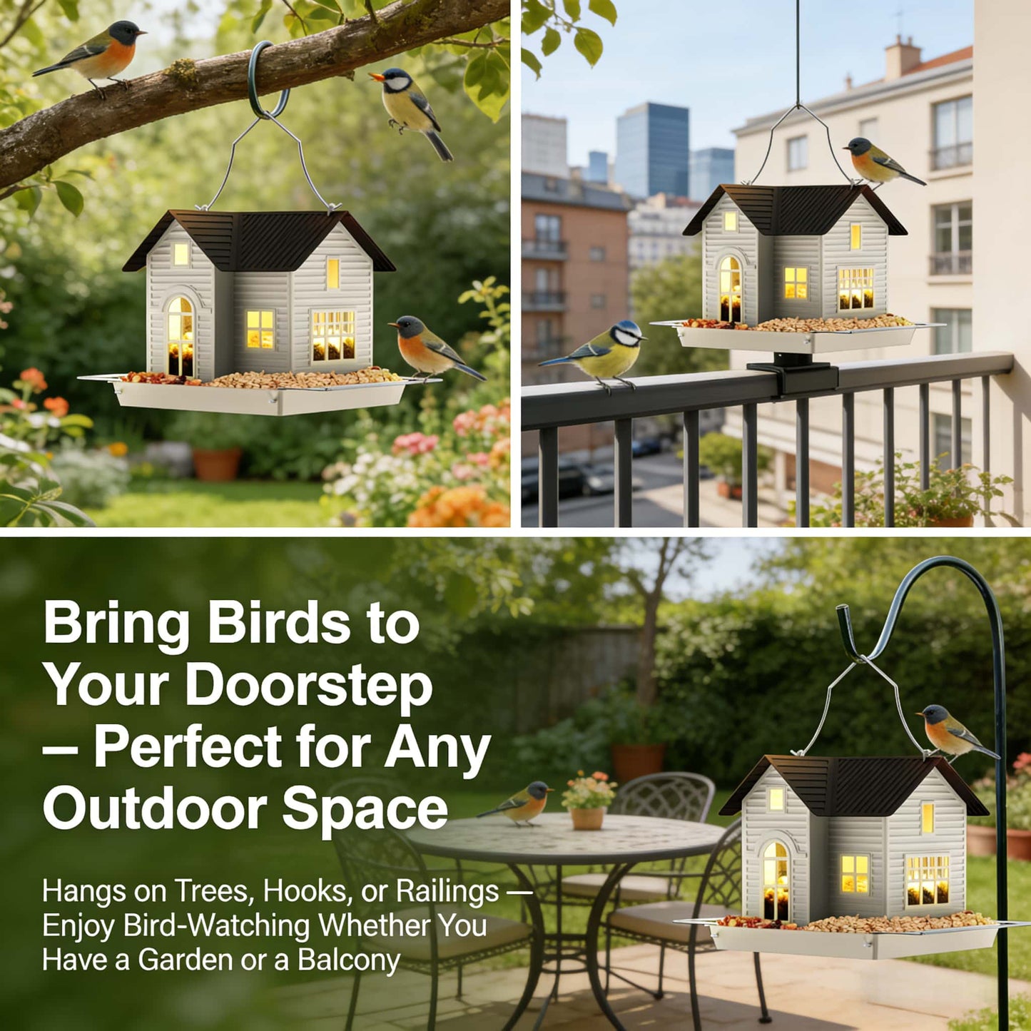 🔥Solar‐Powered Hanging Bird Feeder with Glow – Sturdy Metal Hopper Design🌙🐦