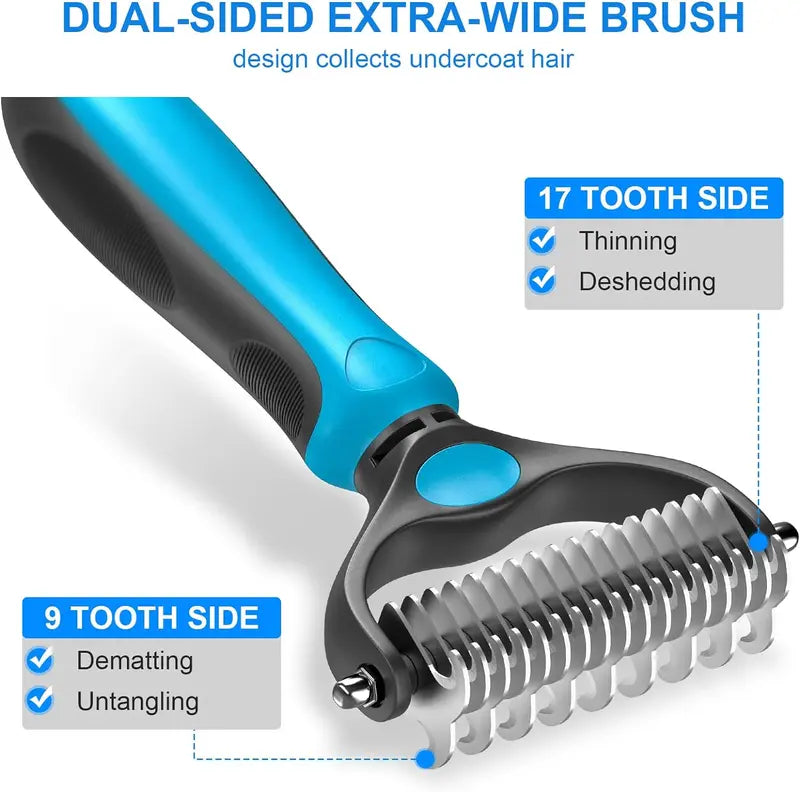 🐾Double-Sided Pet Grooming Brush – Hurtless Shedding & Dematting Undercoat Rake for