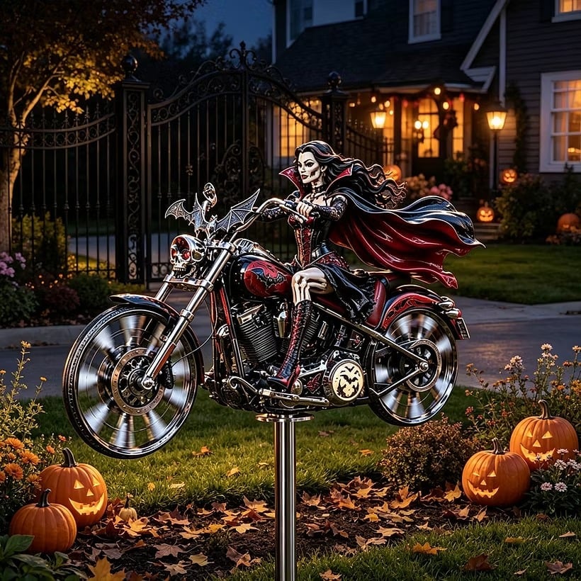 Vampire Queen Halloween motorcycle garden decoration at night