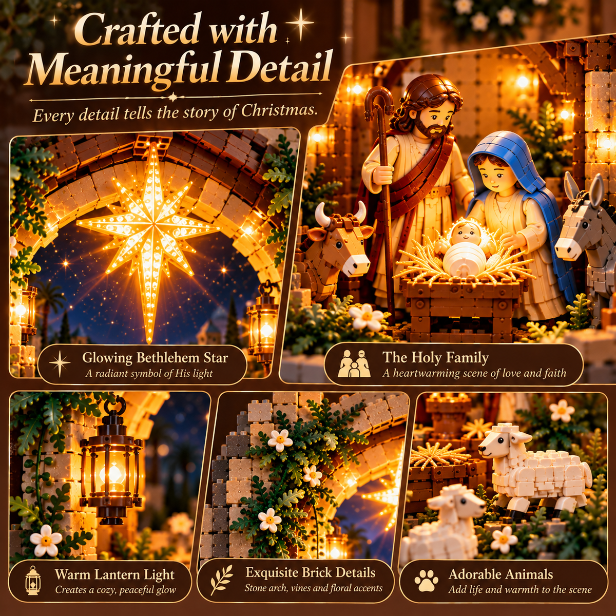 Detailed Bethlehem star Holy Family lantern animals and brick scene