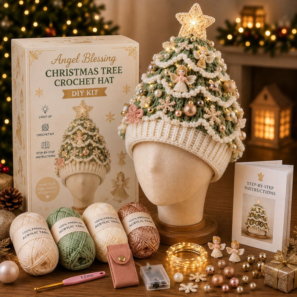 ⏳ Last Day 49% OFF – 🎄Beginner-Friendly Light-Up Christmas Tree Crochet Hat DIY Kit | Complete Kit with Coordinated Yarn, LED Lights & Step-by-Step Guide Included 💕