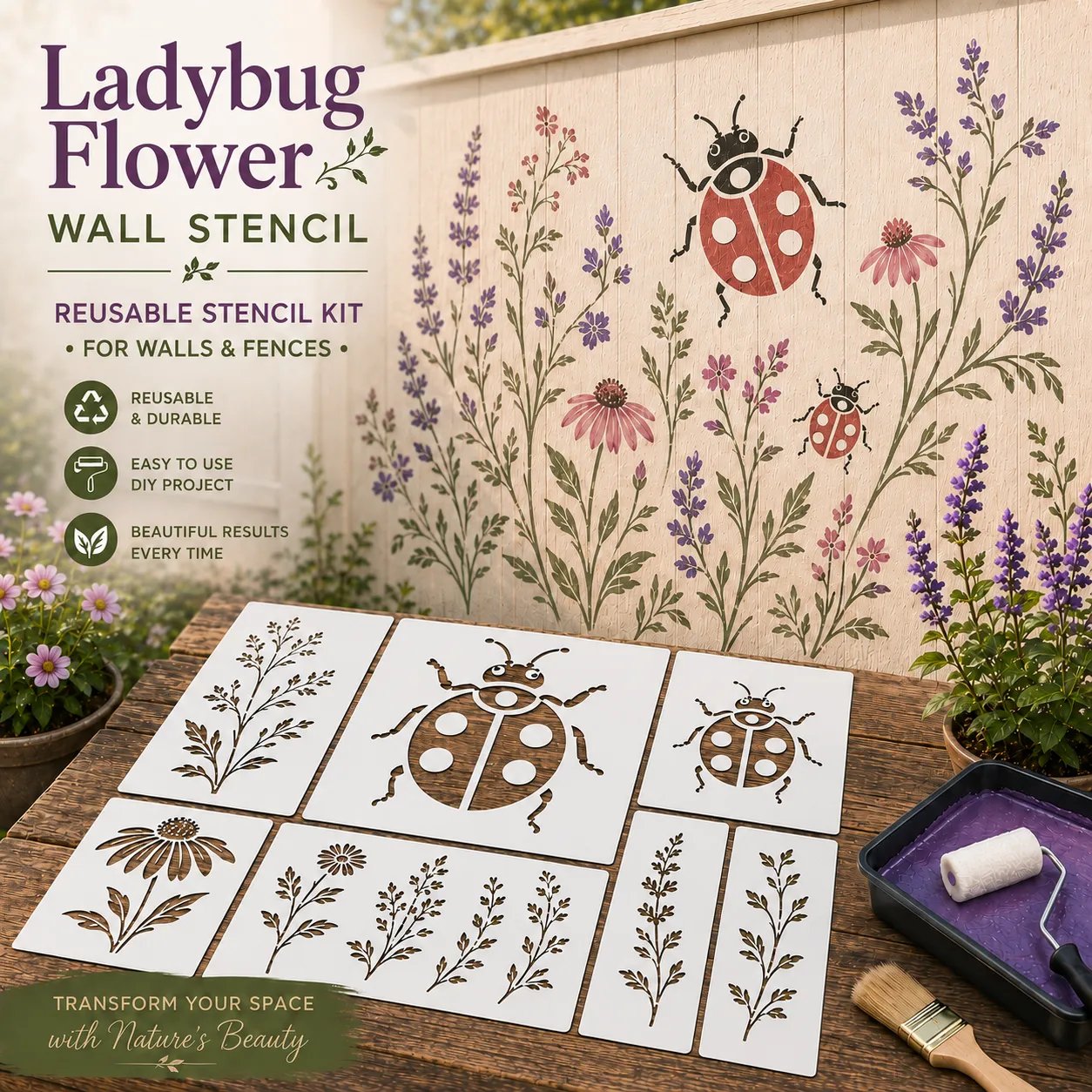 🌿 Garden Wall StencilTM Collection | 9 Reusable Mural Designs for Walls, Fences, Porches & Creative Outdoor Makeovers 🎨✨