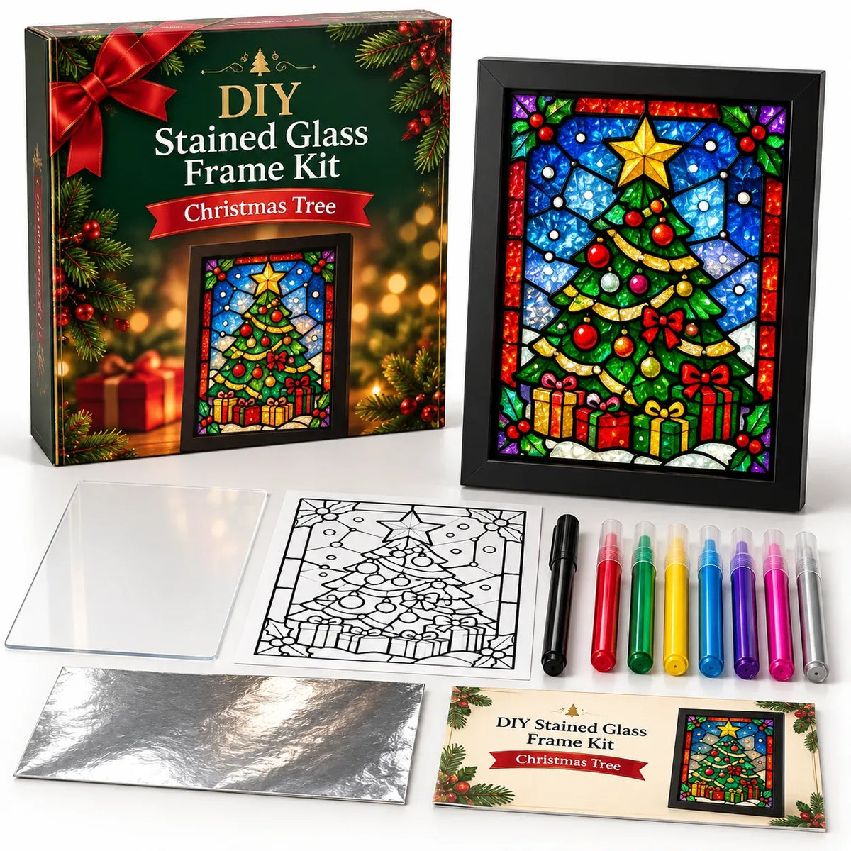 ⏳ Last Day 49% OFF – 🎄Beginner-Friendly Christmas Stained Glass-Style Frame Kit | 8 Festive Designs with Pens, Foil & Frame ✨