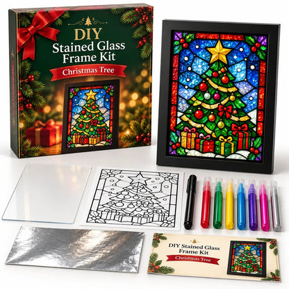 ⏳ Last Day 49% OFF – 🎄Beginner-Friendly Christmas Stained Glass-Style Frame Kit | 8 Festive Designs with Pens, Foil & Frame ✨
