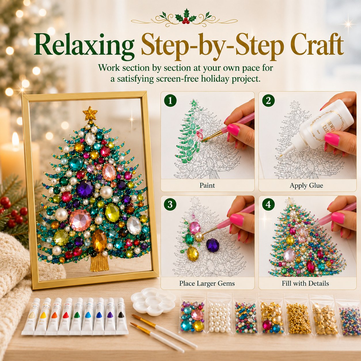🔥 LAST DAY 49% OFF – 🎄 DIY Jeweled Christmas Tree Art Kit | Colorful Gems, Pearls, Paints & Gold-Tone Floating Display Frame 💎✨